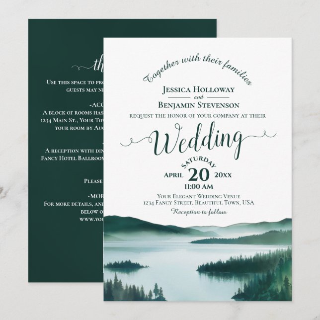 Convite Casamento Código QR Caligrafia Elegante Lago da Mo (Frente/Verso)
