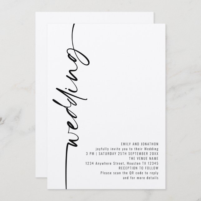 Convite Casamento Código QR Caligrafia Moderna (Frente/Verso)