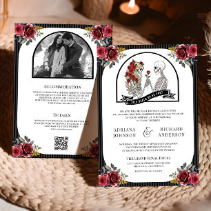 Convite Casamento Código QR Casal Esqueleto Góthico Rosas
