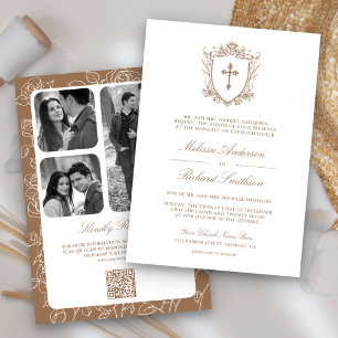 Convite Casamento Código QR Católico Bege Vitoriano