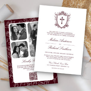 Convite Casamento Código QR Católico Burgundy Vitoriano