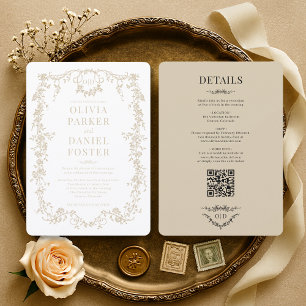 Convite Casamento Código QR Champanhe Bege Elegante Vitori