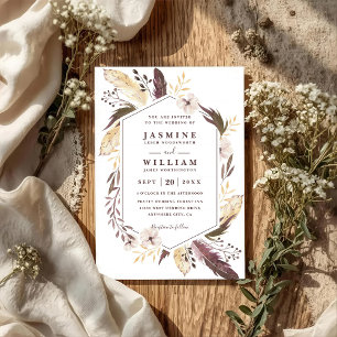 Convite Casamento Código QR Chic Moderno Elegante Penas Bo
