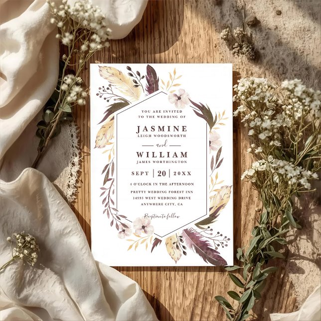 Convite Casamento Código QR Chic Moderno Elegante Penas Bo (Criador carregado)