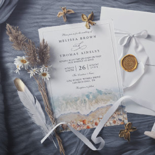 Convite Casamento Código QR Chic Praia Marítimo Aquarela R