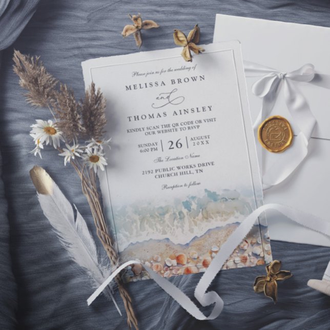 Convite Casamento Código QR Chic Praia Marítimo Aquarela R (Criador carregado)