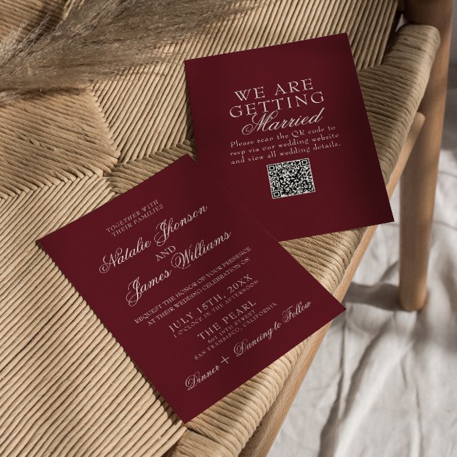 Convite Casamento Código QR Clássico Borgonha Suntuoso Din (Criador carregado)