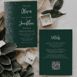 Convite Casamento Código QR com Brilho Prata Verde Esmeral