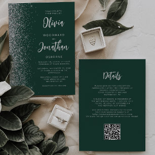 Convite Casamento Código QR com Brilho Prata Verde Esmeral