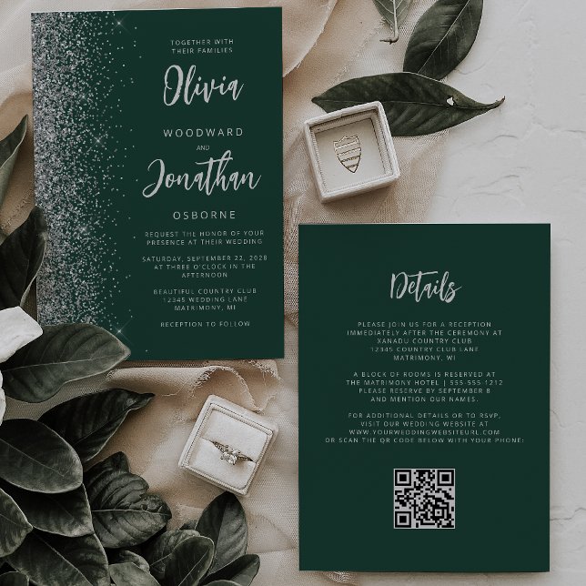 Convite Casamento Código QR com Brilho Prata Verde Esmeral (Criador carregado)