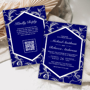 Convite Casamento Código QR com Redemoinho Florido Azul Pr