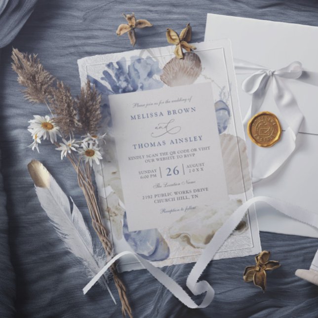 Convite Casamento código qr concha azul praia costeira (Criador carregado)