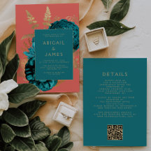 Casamento Código QR Coral Teal Floral Elegante
