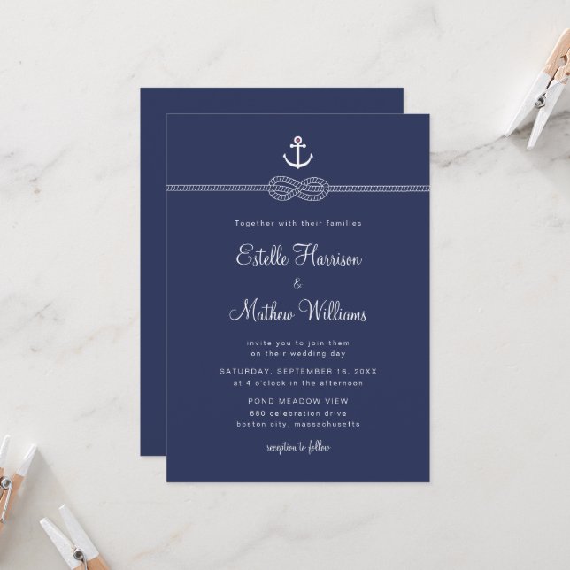 Convite Casamento Código QR Corda Âncora Azul Marinho Náut (Frente/Verso In Situ)