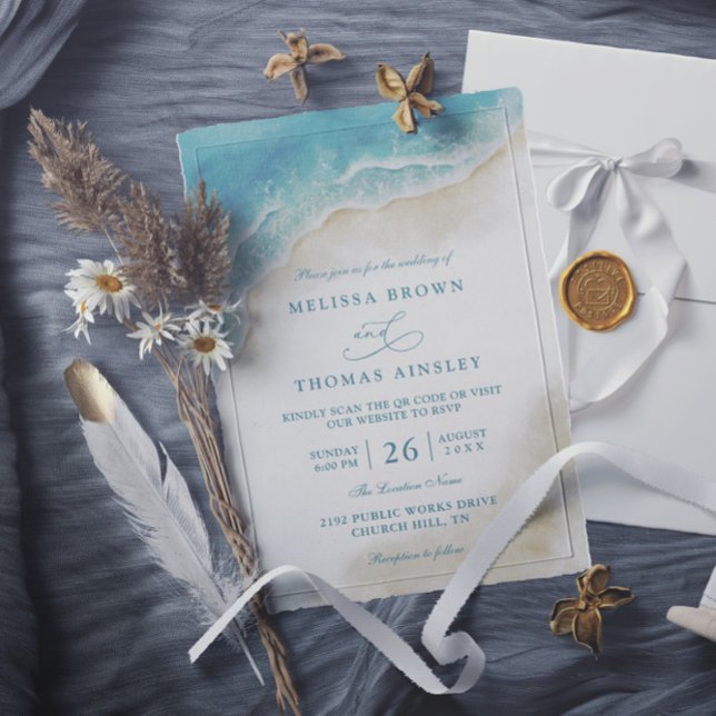 Convite Casamento Código QR Costeiro Praia Oceano Aquarela (Criador carregado)