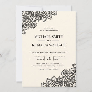 Convite Casamento Código QR Creme de Marfim com Renda Pret