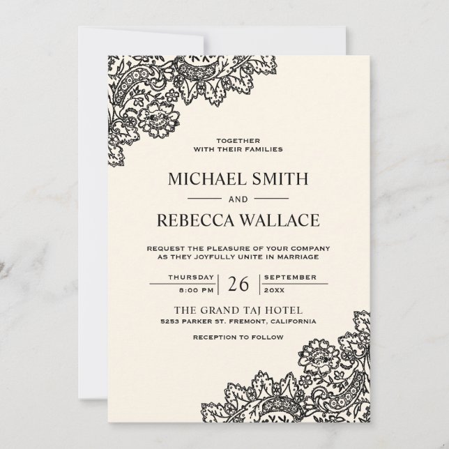 Convite Casamento Código QR Creme de Marfim com Renda Pret (Frente)