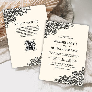 Convite Casamento Código QR Creme de Marfim com Renda Pret