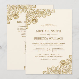 Convite Casamento Código QR Creme Marfim com Renda Dourada