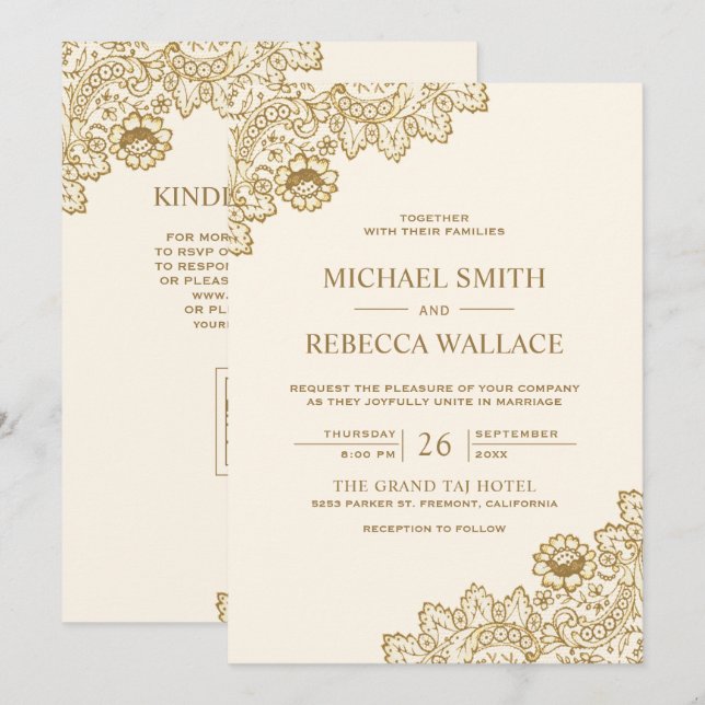Convite Casamento Código QR Creme Marfim com Renda Dourada (Frente/Verso)