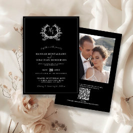 Convite Casamento Código QR Crista Monograma Preto Elegant