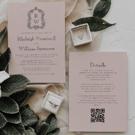 Convite Casamento Código QR Crista Monograma Rosa Corado