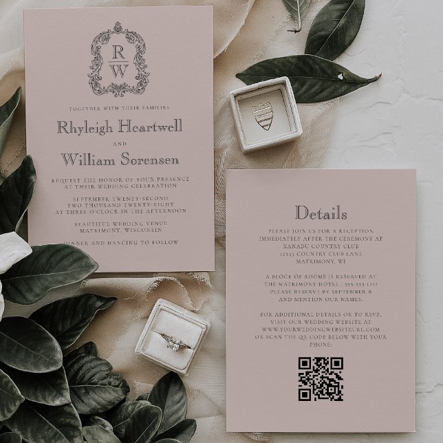 Convite Casamento Código QR Crista Monograma Rosa Corado (Criador carregado)