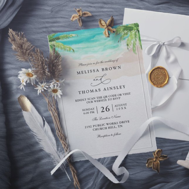 Convite Casamento Código QR da Palma da Praia Tropical Aqu (Criador carregado)