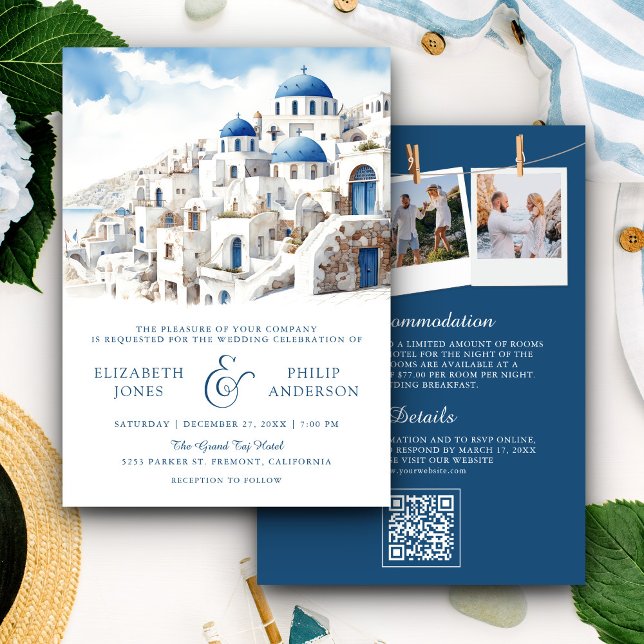 Convite Casamento Código QR de Aquarela Santorini Grécia (Criador carregado)