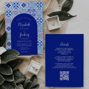Convite Casamento Código QR de Azulejo Português Arco Azul