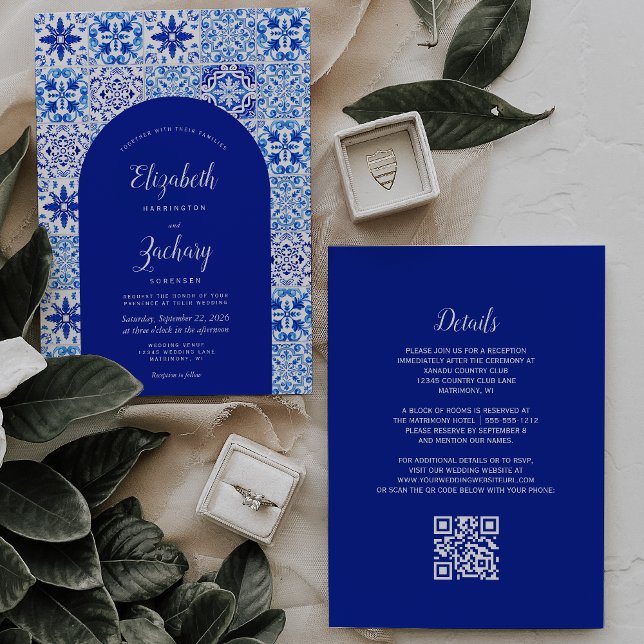 Convite Casamento Código QR de Azulejo Português Arco Azul (Criador carregado)