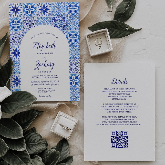 Convite Casamento Código QR de Azulejo Português Arco Azul (Criador carregado)