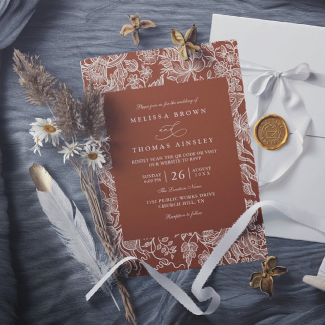 Convite Casamento Código QR de Flor Silvestre Terracota Bo (Criador carregado)