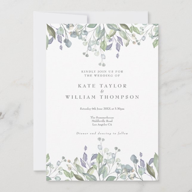 Convite Casamento Código QR de Folhagem Lilás Sage Floral (Frente)