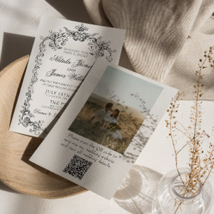 Convite Casamento Código QR de Foto Antiga em Preto e Bran