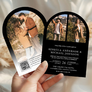 Convite Casamento Código QR de Foto de Arco Preto Moderno