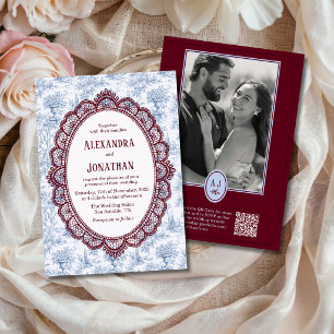 Convite Casamento Código QR de Foto de Renda Vintage Azul
