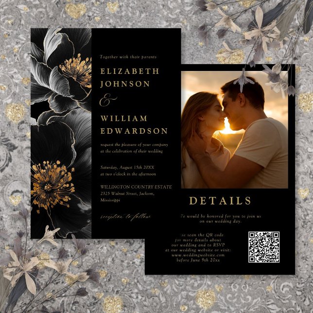 Convite Casamento Código QR de Foto Floral de Luxo Preto e (Black And Gold Luxury Floral Photo QR Code Wedding Invitation)