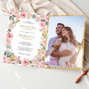 Convite Casamento Código QR de Foto Floral Rosa Rústico e 