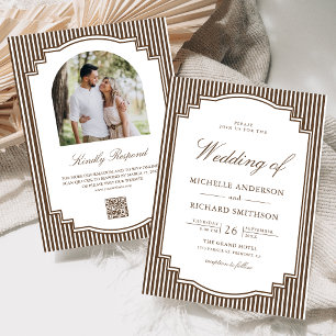 Convite Casamento Código QR de Foto Listrada de Marrom Cho