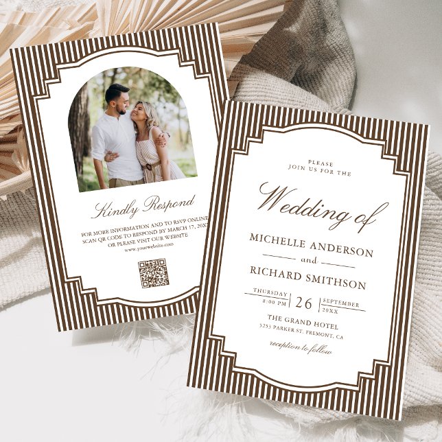 Convite Casamento Código QR de Foto Listrada de Marrom Cho (Criador carregado)
