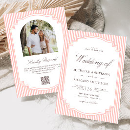 Convite Casamento Código QR de Foto Listrada Rosa Coral Pa