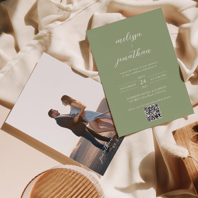 Convite Casamento Código QR de Foto Script Verde Sálvia Cl (Criador carregado)