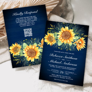 Convite Casamento Código QR de Girassóis de Madeira Azul-M