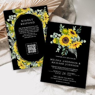 Convite Casamento Código QR de Girassóis Eucalipto Preto