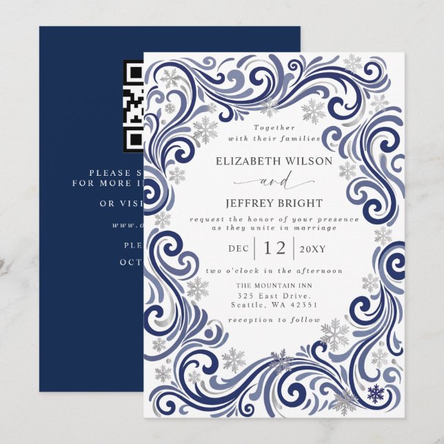 Convite Casamento Código QR de Inverno Flocos de Neve Mari (Frente/Verso)