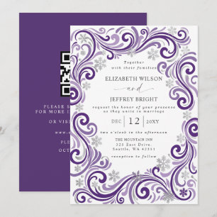 Convite Casamento Código QR de Inverno Flocos de Neve Roxo