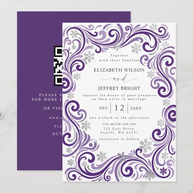 Convite Casamento Código QR de Inverno Flocos de Neve Roxo (Frente/Verso)