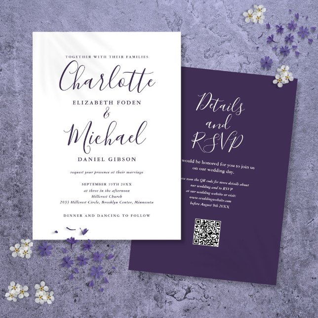 Convite Casamento Código QR de Letra Moderna Roxa (Purple Modern Script QR Code Wedding Invitation)