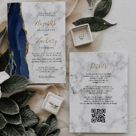 Convite Casamento Código QR de Mármore Azul Naval Ágata Do
